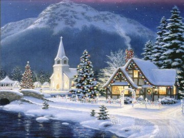  buena Pintura - Pueblo en Nochebuena nevando